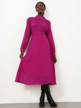 Aveloria Modichic French Elegant Elegant Stand Collar Pleated Long Sleeve Chiffon Flowy Dress For Women